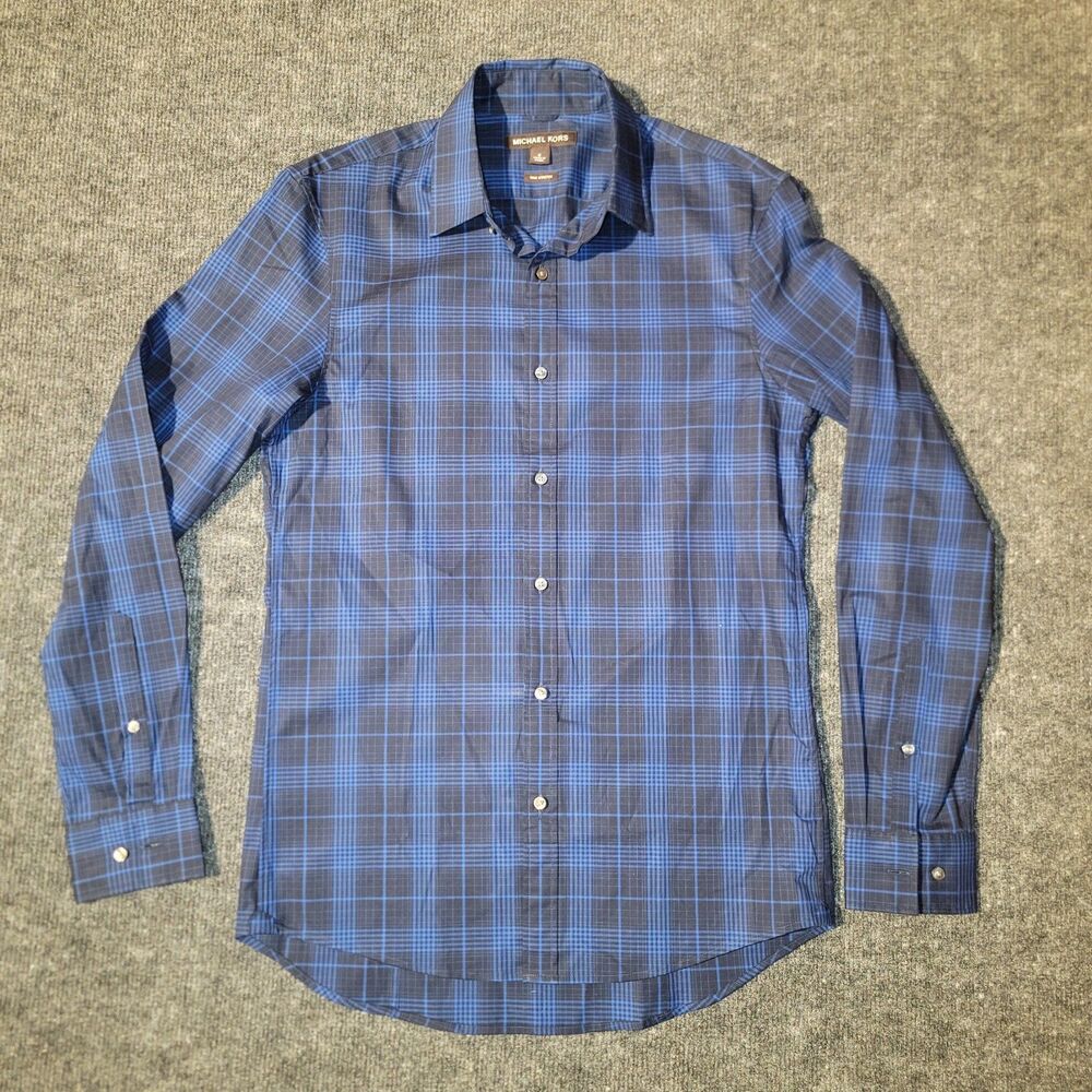 Michael Kors Slim Fit Stretch Long Sleeve Dress Shirt Blue Plaid, Button-Up, L